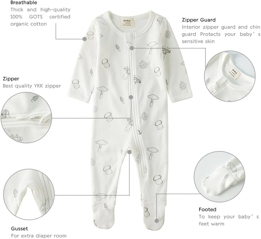 Organic Cotton Baby Pajamas, Boys Girls Zip Front Sleep 'N Play Pjs, Footed Sleeper, Long Sleeve