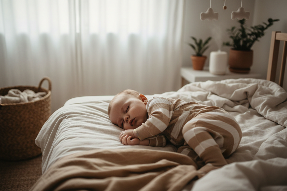 Baby sleeping peacefully in soft bamboo pajamas - BamHug natural sleepwear for better sleep