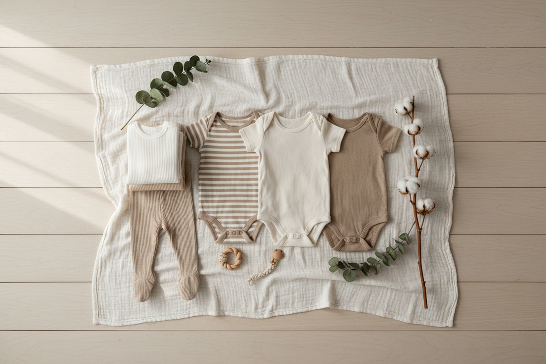 Sustainable baby wardrobe essentials in natural fabrics - minimalist eco-friendly baby clothes