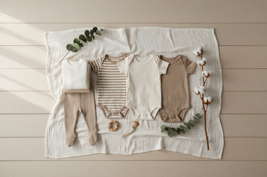Sustainable baby wardrobe essentials in natural fabrics - minimalist eco-friendly baby clothes