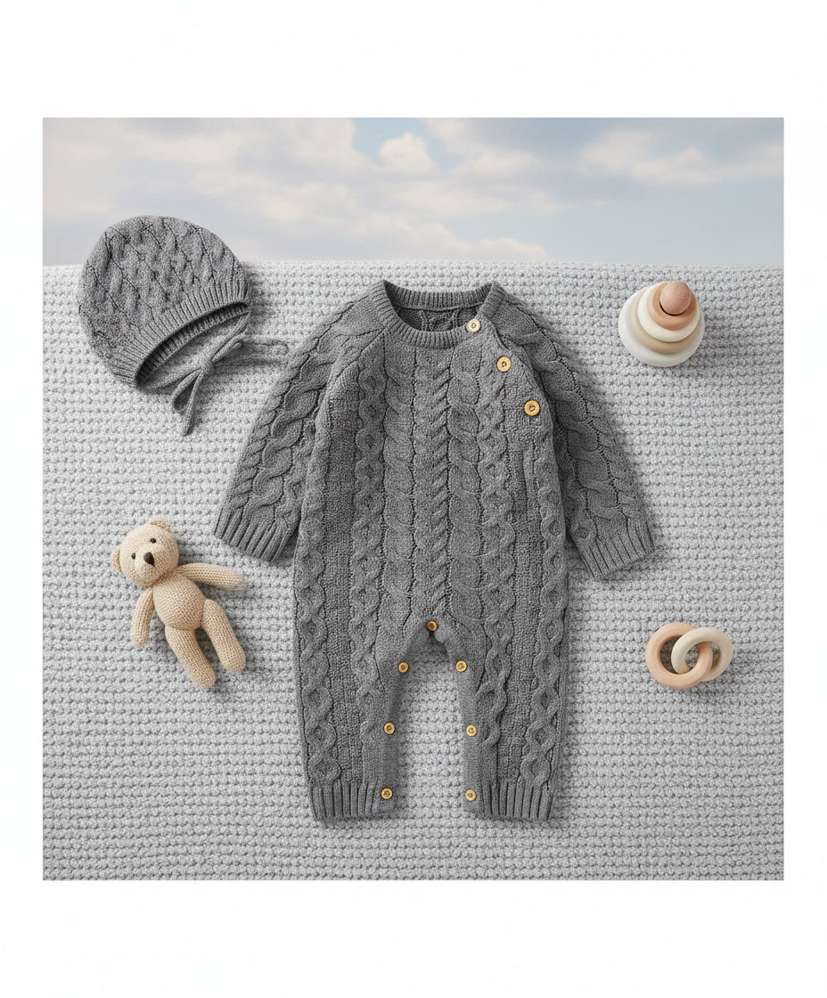Baby Romper Knit Sweater with Hat Long Sleeve One-Piece Outfit for Newborn Baby(Grey, 3-6 Months)