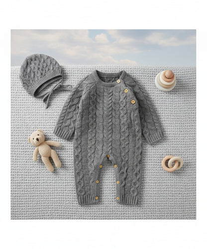 Baby Romper Knit Sweater with Hat Long Sleeve One-Piece Outfit for Newborn Baby(Grey, 3-6 Months)
