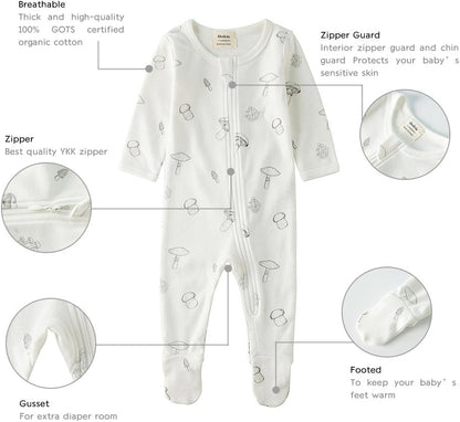 Organic Cotton Baby Pajamas, Boys Girls Zip Front Sleep 'N Play Pjs, Footed Sleeper, Long Sleeve
