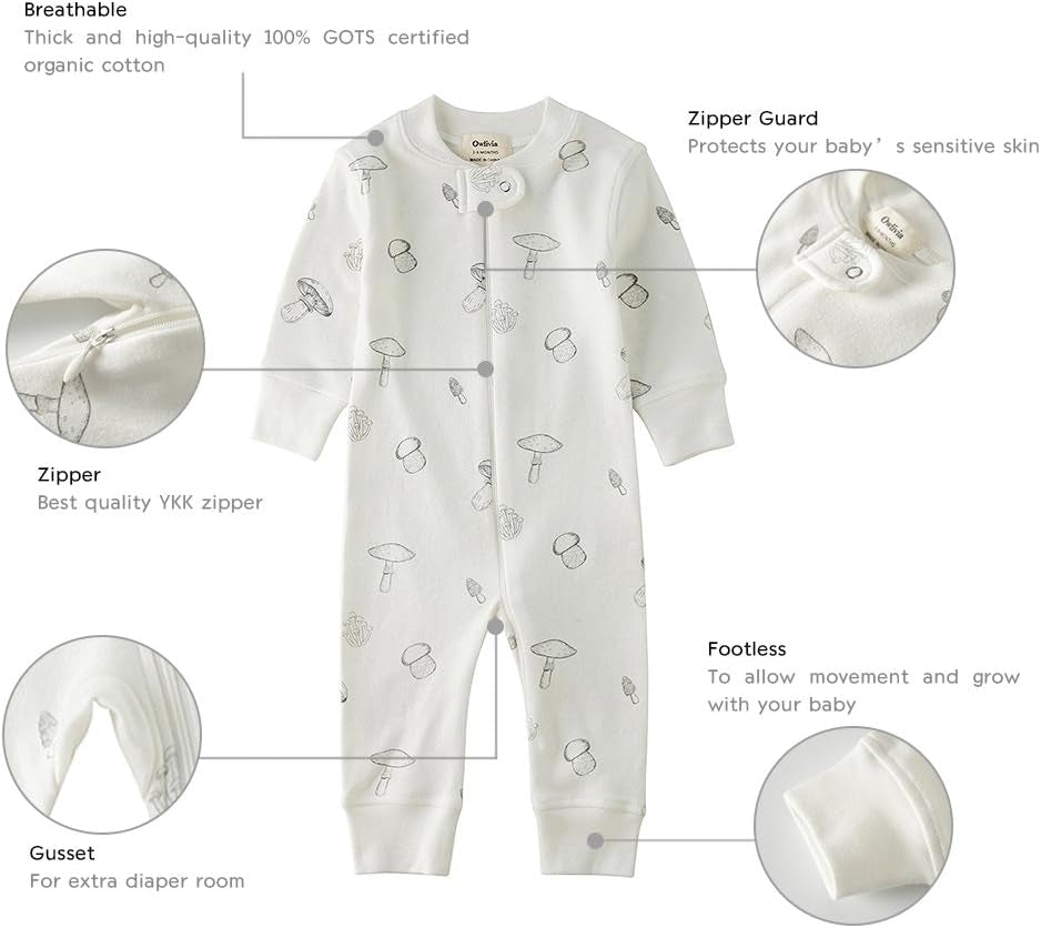 Organic Cotton Baby Boy Girl Zip up Sleep 'N Play Pjs, Footless, Long Sleeve