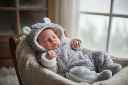 adorable nouveau-né bébé unisexe dans snowsuit hiver mignon gris blanc douillet à capuche, manches longues jumpsuit cosy, pose naturelle sereine, éclairage doux hivernal, haute résolution